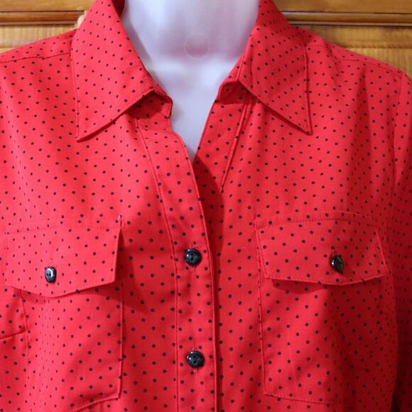 Notations Petite Red Black Polka Dot Mini Roll Tab Sleeve Button Down Blouse - Picture 3 of 15